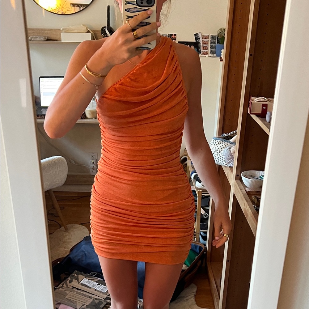 Lioness Ruched One-Shoulder Orange Mini Dress